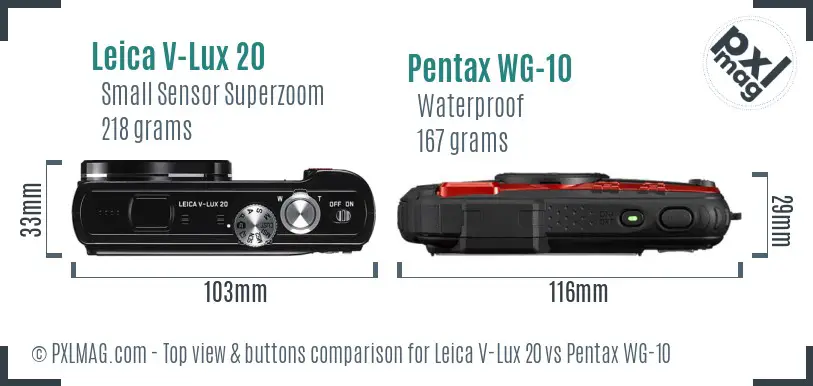 Leica V-Lux 20 vs Pentax WG-10 top view buttons comparison Leica V-Lux 20 vs Pentax WG-10 top view buttons comparison