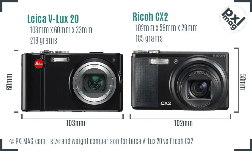 Leica V-Lux 20 vs Ricoh CX2 size comparison
