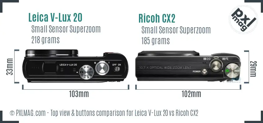 Leica V-Lux 20 vs Ricoh CX2 top view buttons comparison