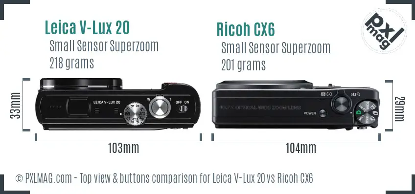 Leica V-Lux 20 vs Ricoh CX6 top view buttons comparison