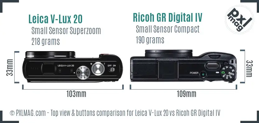 Leica V-Lux 20 vs Ricoh GR Digital IV top view buttons comparison