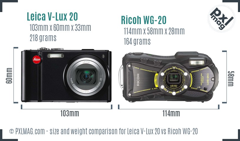 Leica V-Lux 20 vs Ricoh WG-20 size comparison