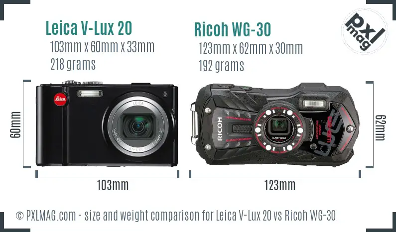 Leica V-Lux 20 vs Ricoh WG-30 size comparison