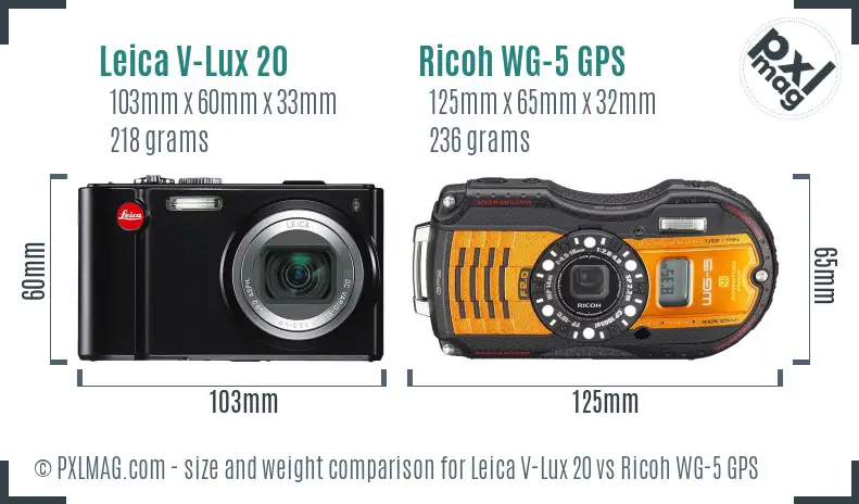 Leica V-Lux 20 vs Ricoh WG-5 GPS size comparison