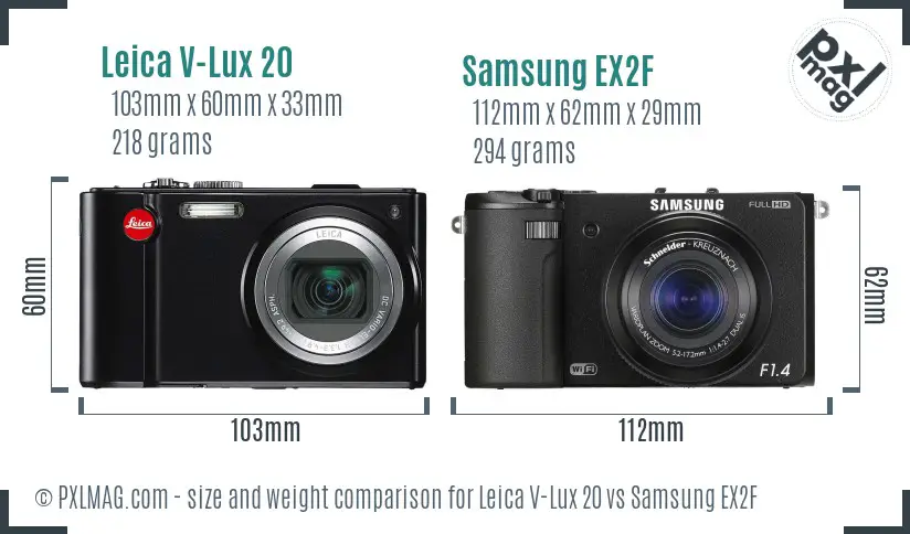 Leica V-Lux 20 vs Samsung EX2F size comparison
