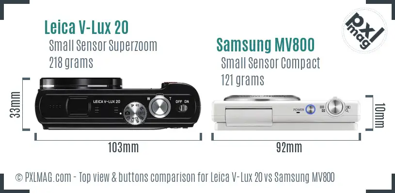 Leica V-Lux 20 vs Samsung MV800 top view buttons comparison