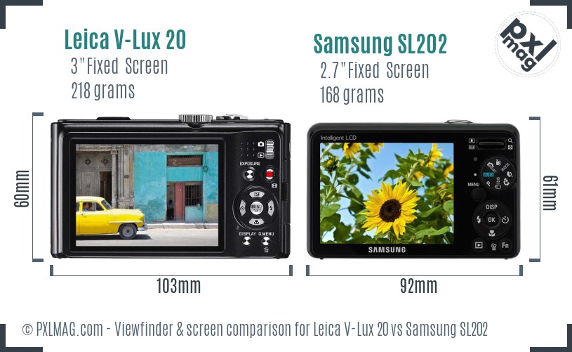 Leica V-Lux 20 vs Samsung SL202 Screen and Viewfinder comparison