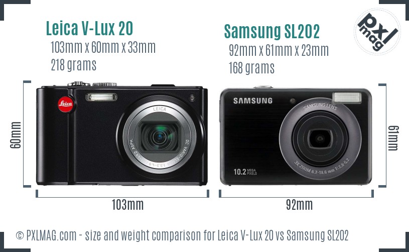 Leica V-Lux 20 vs Samsung SL202 size comparison