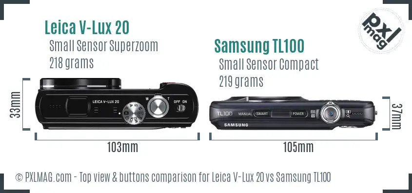 Leica V-Lux 20 vs Samsung TL100 top view buttons comparison Leica V-Lux 20 vs Samsung TL100 top view buttons comparison