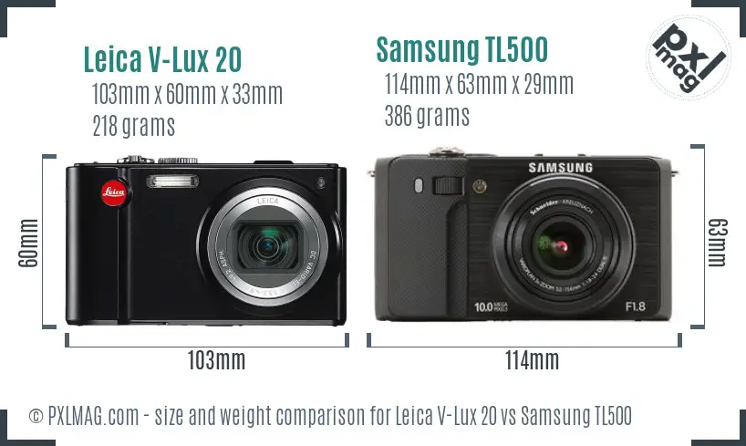 Leica V-Lux 20 vs Samsung TL500 size comparison