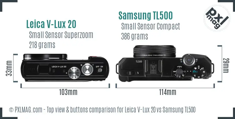 Leica V-Lux 20 vs Samsung TL500 top view buttons comparison