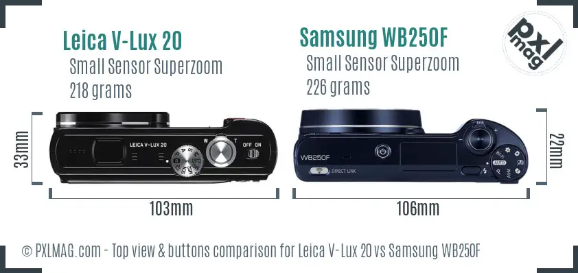 Leica V-Lux 20 vs Samsung WB250F top view buttons comparison Leica V-Lux 20 vs Samsung WB250F top view buttons comparison