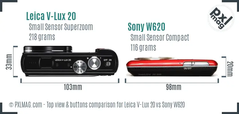 Leica V-Lux 20 vs Sony W620 top view buttons comparison