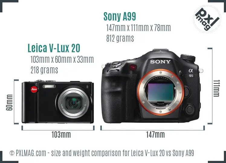 Leica V-Lux 20 vs Sony A99 size comparison