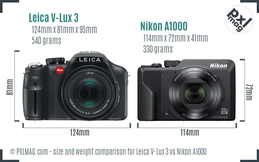 Leica V-Lux 3 vs Nikon A1000 size comparison