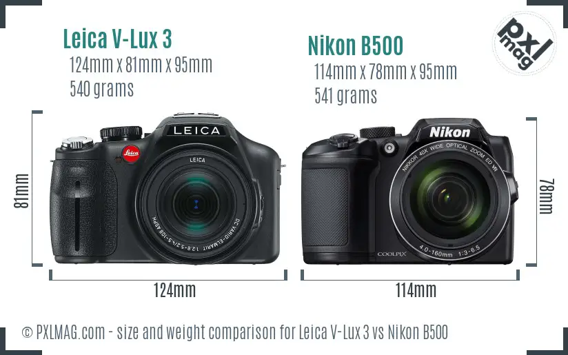 Leica V-Lux 3 vs Nikon B500 size comparison