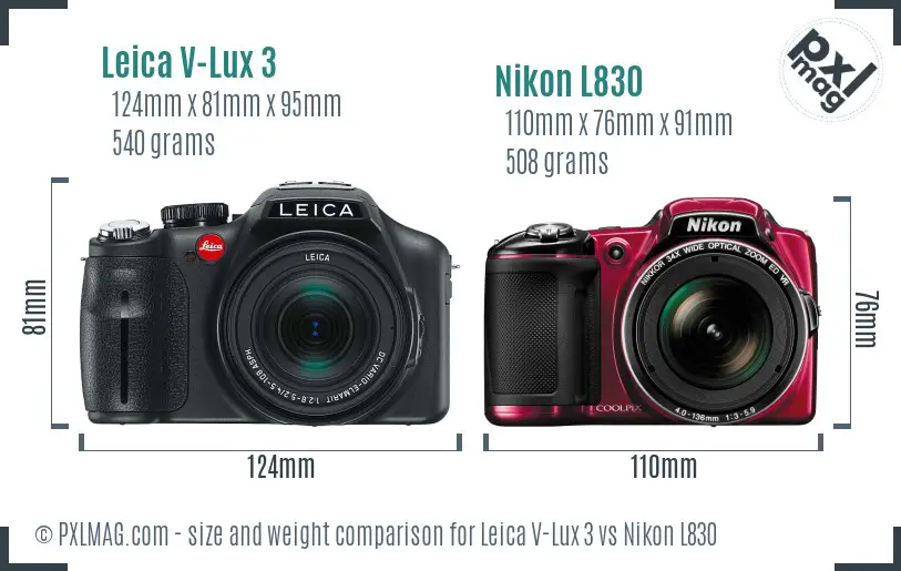 Leica V-Lux 3 vs Nikon L830 size comparison