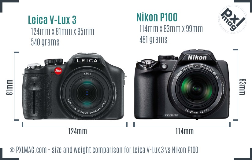 Leica V-Lux 3 vs Nikon P100 size comparison