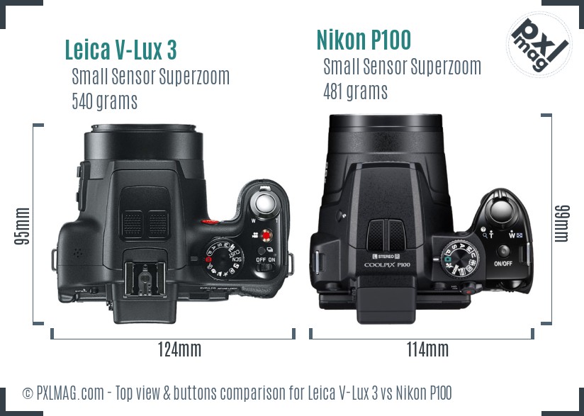 Leica V-Lux 3 vs Nikon P100 top view buttons comparison