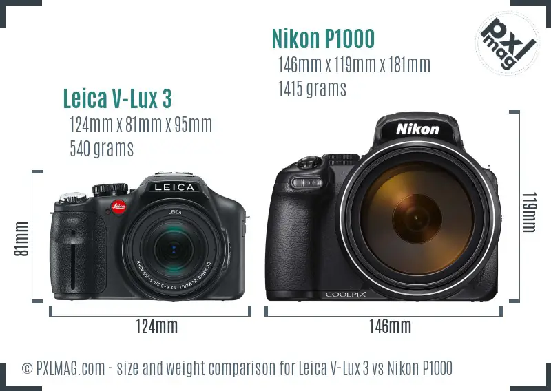 Leica V-Lux 3 vs Nikon P1000 size comparison