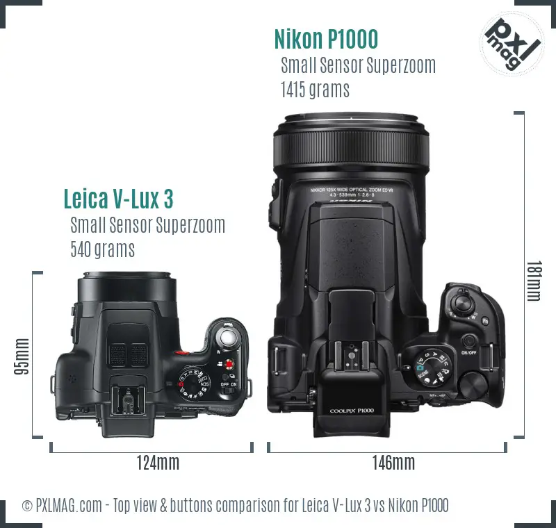 Leica V-Lux 3 vs Nikon P1000 top view buttons comparison