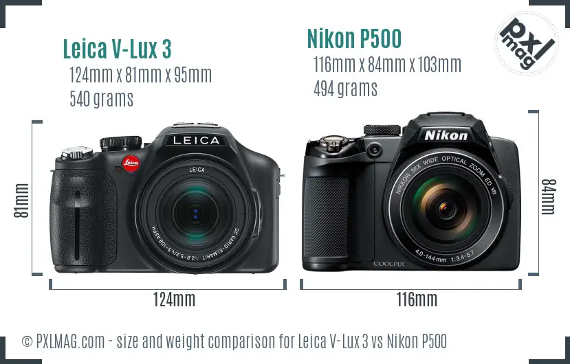 Leica V-Lux 3 vs Nikon P500 size comparison