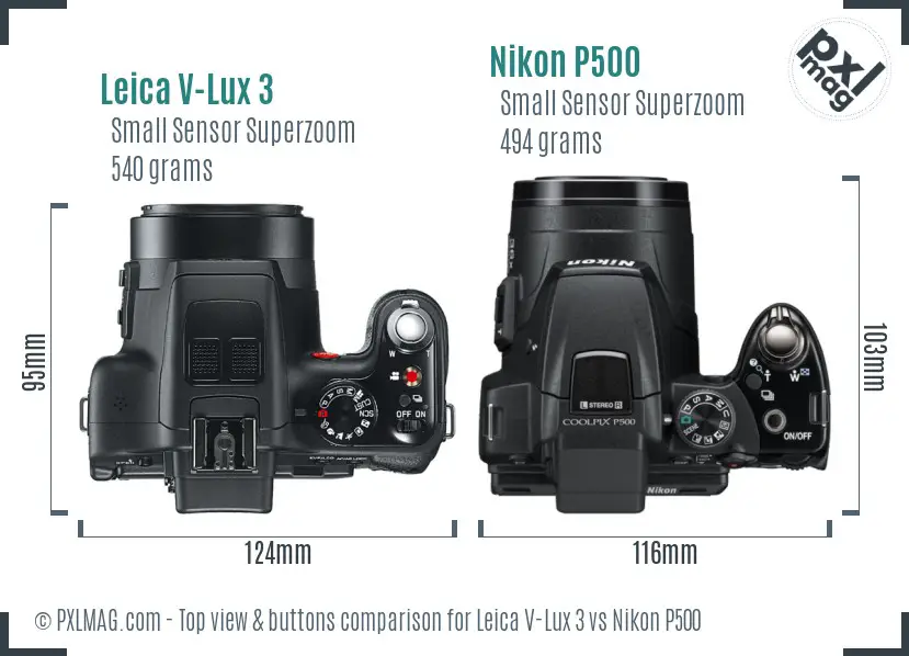 Leica V-Lux 3 vs Nikon P500 top view buttons comparison