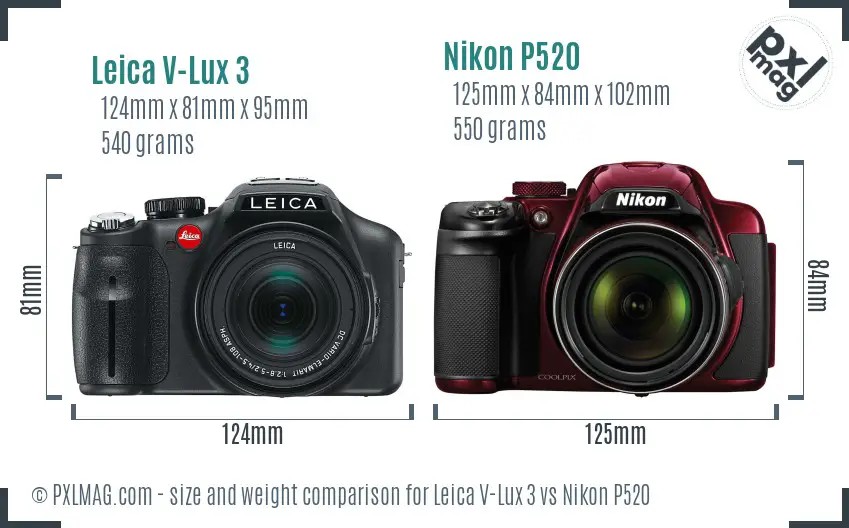 Leica V-Lux 3 vs Nikon P520 size comparison