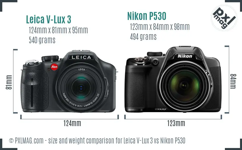 Leica V-Lux 3 vs Nikon P530 size comparison