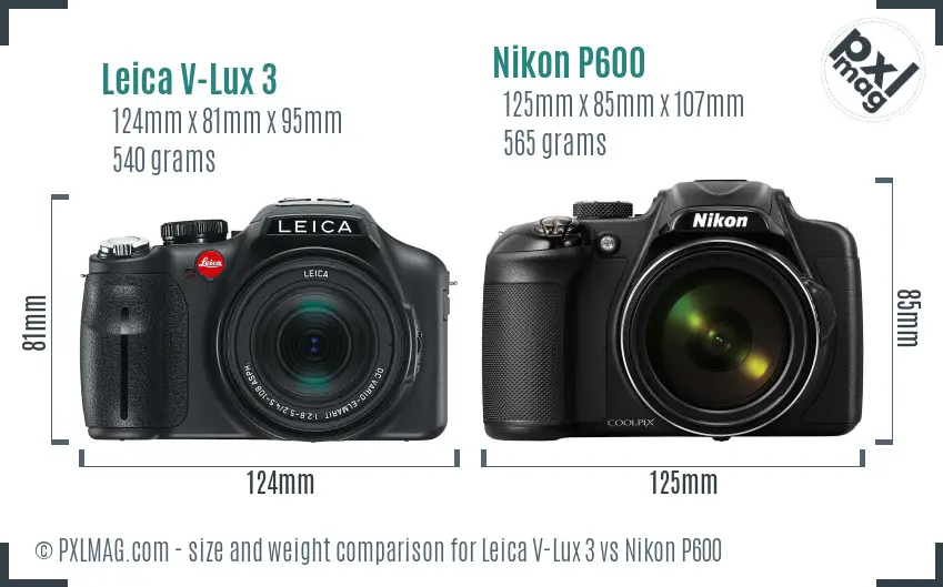 Leica V-Lux 3 vs Nikon P600 size comparison