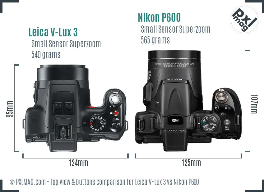 Leica V-Lux 3 vs Nikon P600 top view buttons comparison