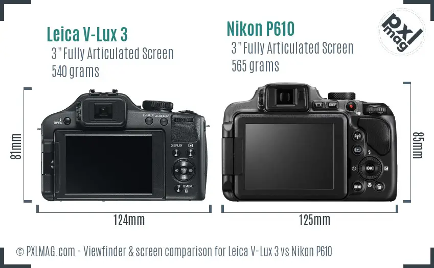 Leica V-Lux 3 vs Nikon P610 Screen and Viewfinder comparison