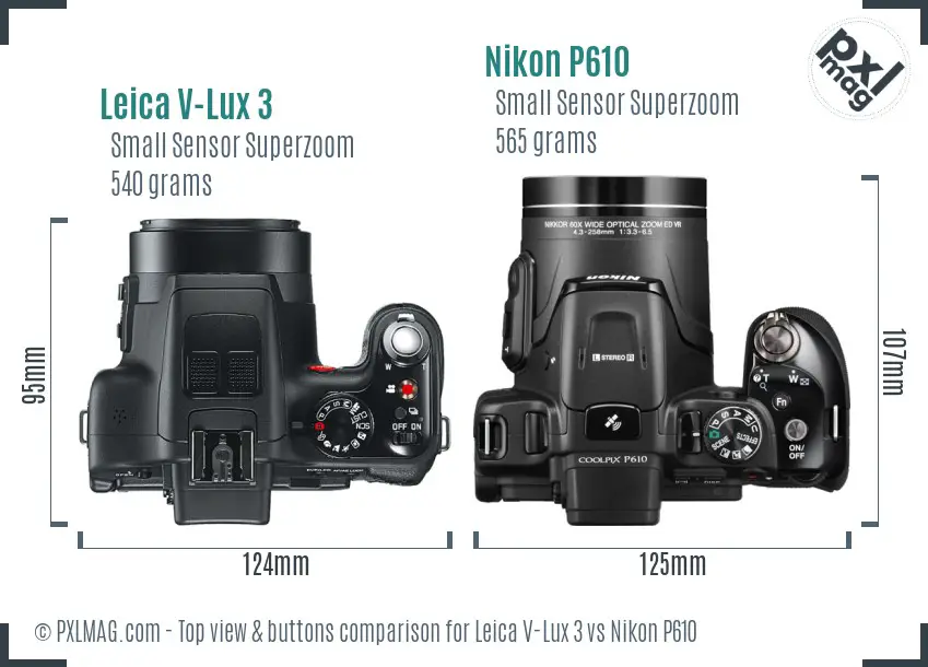 Leica V-Lux 3 vs Nikon P610 top view buttons comparison