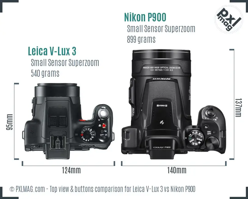 Leica V-Lux 3 vs Nikon P900 top view buttons comparison
