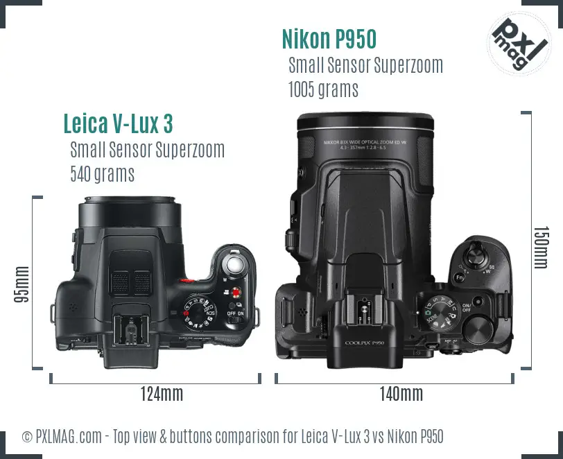 Leica V-Lux 3 vs Nikon P950 top view buttons comparison