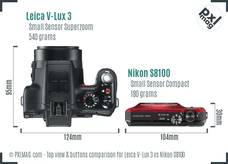 Leica V-Lux 3 vs Nikon S8100 top view buttons comparison