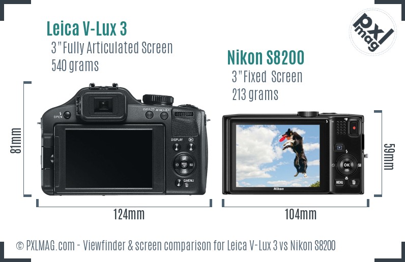 Leica V-Lux 3 vs Nikon S8200 Screen and Viewfinder comparison