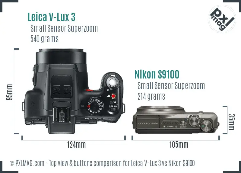 Leica V-Lux 3 vs Nikon S9100 top view buttons comparison