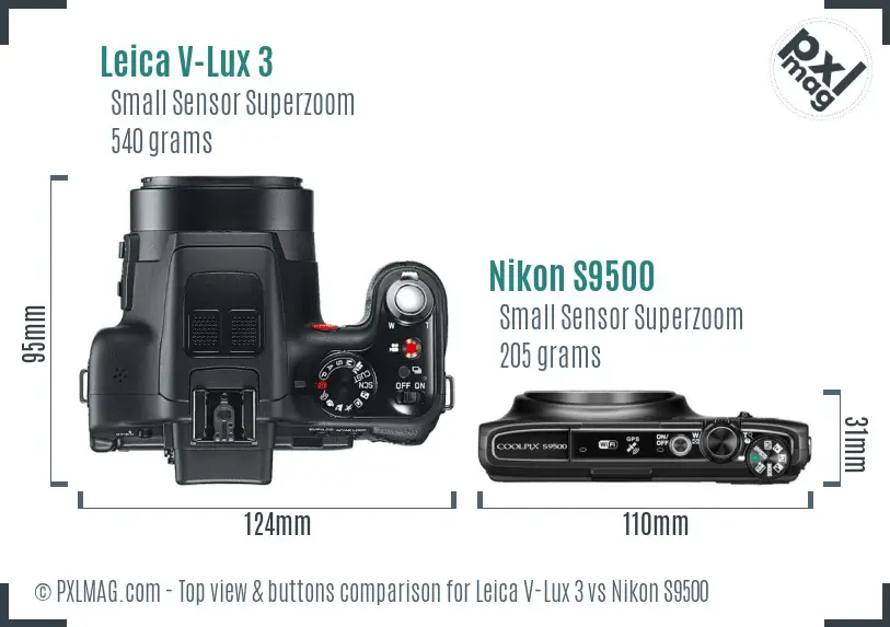Leica V-Lux 3 vs Nikon S9500 top view buttons comparison Leica V-Lux 3 vs Nikon S9500 top view buttons comparison
