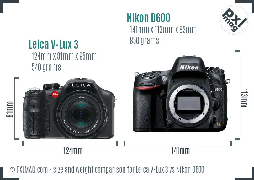 Leica V-Lux 3 vs Nikon D600 size comparison