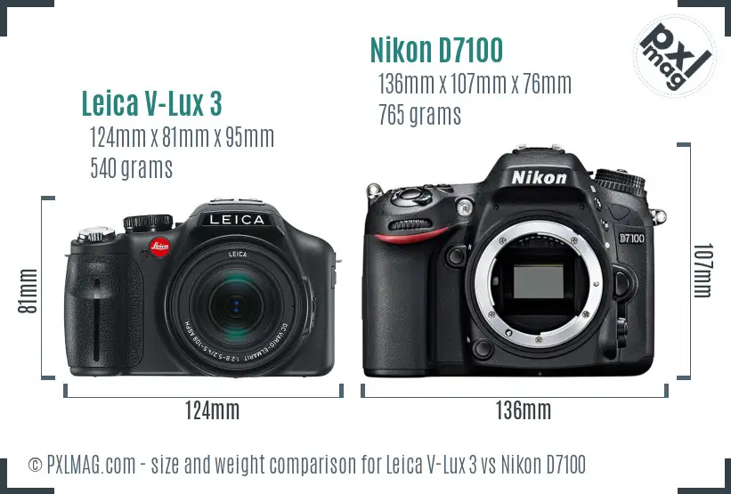 Leica V-Lux 3 vs Nikon D7100 size comparison Leica V-Lux 3 vs Nikon D7100 size comparison