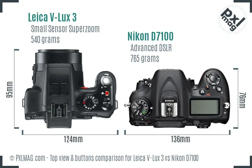 Leica V-Lux 3 vs Nikon D7100 top view buttons comparison Leica V-Lux 3 vs Nikon D7100 top view buttons comparison