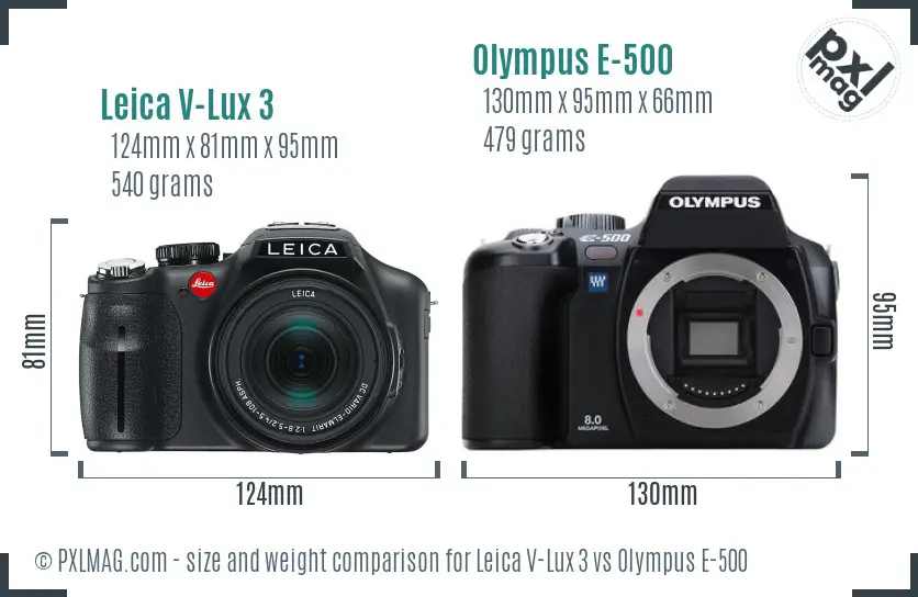 Leica V-Lux 3 vs Olympus E-500 size comparison