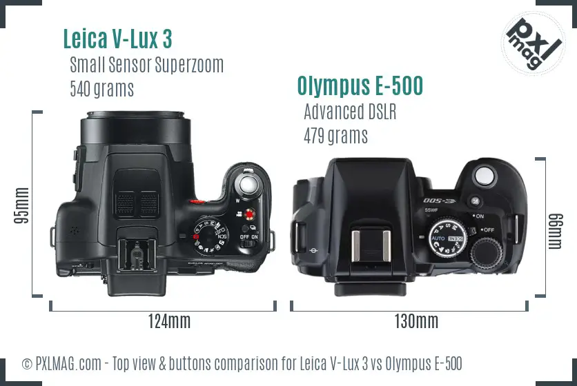 Leica V-Lux 3 vs Olympus E-500 top view buttons comparison