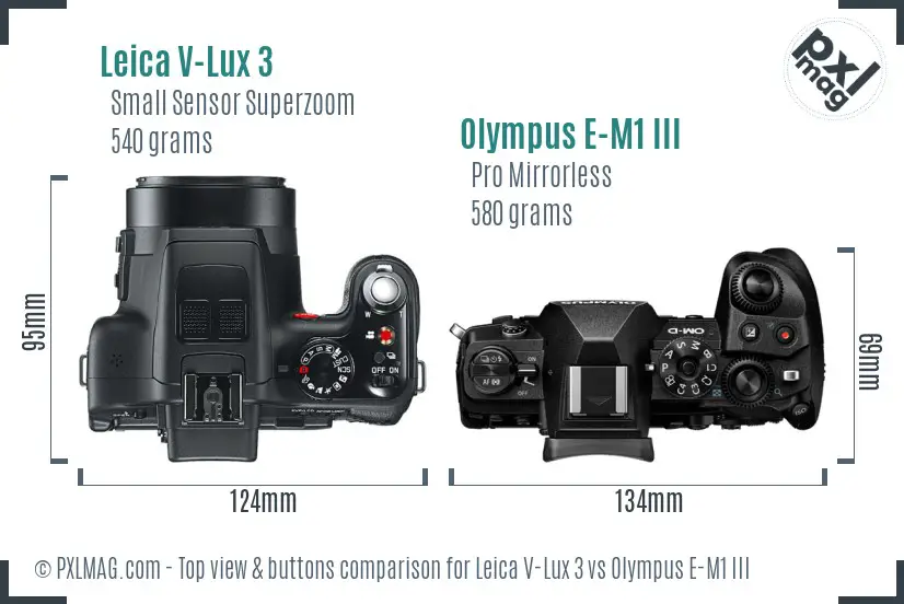 Leica V-Lux 3 vs Olympus E-M1 III top view buttons comparison