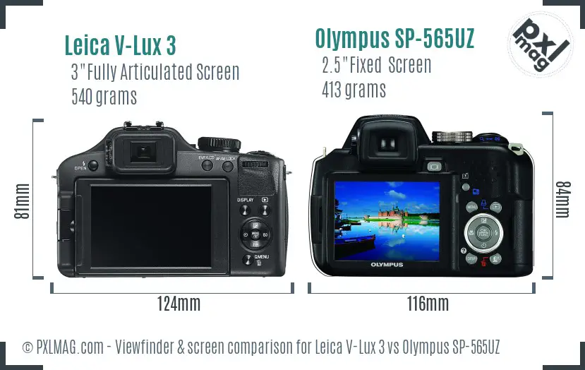 Leica V-Lux 3 vs Olympus SP-565UZ Screen and Viewfinder comparison