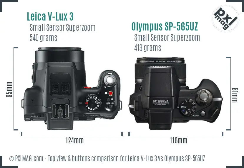 Leica V-Lux 3 vs Olympus SP-565UZ top view buttons comparison