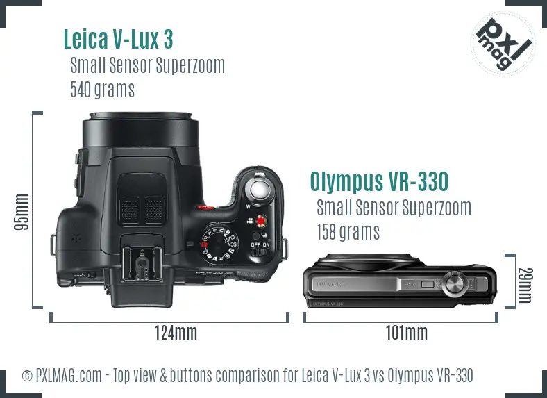 Leica V-Lux 3 vs Olympus VR-330 top view buttons comparison Leica V-Lux 3 vs Olympus VR-330 top view buttons comparison