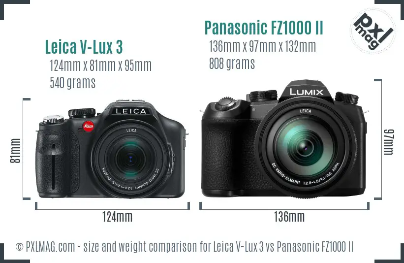 Leica V-Lux 3 vs Panasonic FZ1000 II size comparison