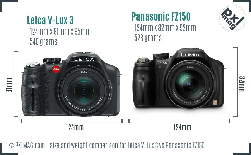 Leica V-Lux 3 vs Panasonic FZ150 size comparison